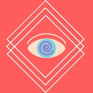 Eyes with swirling pattern in the iris, minimalist digital art on coral background with geometric shapes.