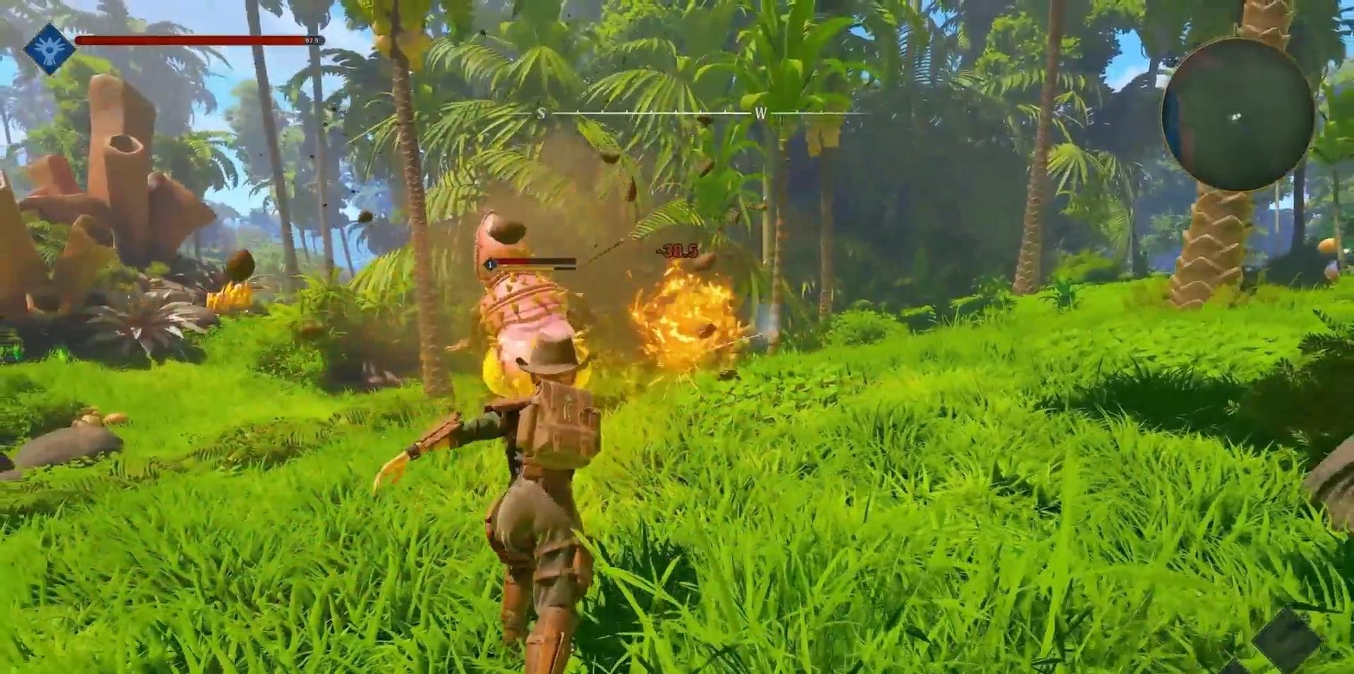A player character fighting a creature with a spear in a lush jungle environment in a video game.