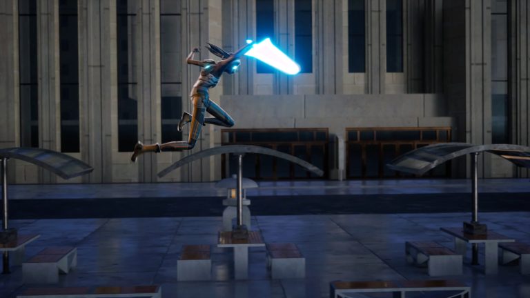 Plane jump stunt in front of historic building with modern art installation, futuristic cityscape, high-tech robots, creative animation style, digital art illustration, vibrant colours, cinematic atmosphere, urban evening scene, sci-fi theme, cinematic lighting.