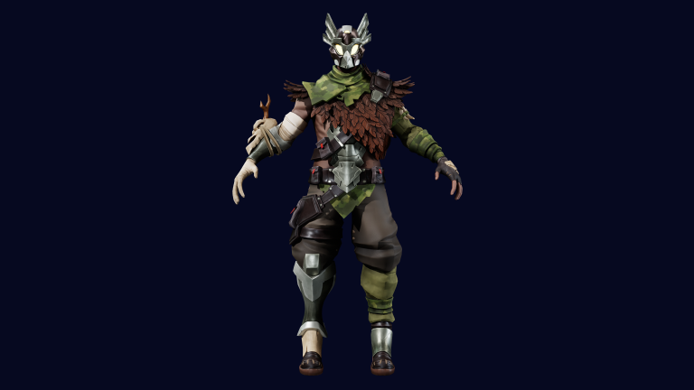 Gamer character dressed in a fantasy battle outfit including a wolf mask, camouflage clothing, and armor, set against a dark background.