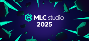 A vibrant digital graphic showcasing the MLC Studio logo with dynamic, neon-lit abstract shards and galaxy background, highlighting creative design for gaming content.