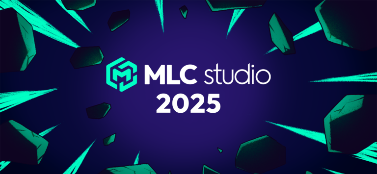 A vibrant digital graphic showcasing the MLC Studio logo with dynamic, neon-lit abstract shards and galaxy background, highlighting creative design for gaming content.