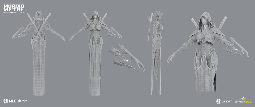 A detailed 3D wireframe model of a futuristic female warrior character with armor, hood, and dual swords, showcasing high-quality game art suitable for animation and marketing content.