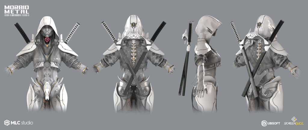 A detailed 3D model of a futuristic samurai warrior with sleek white armor, dual swords on back, and intricate cybernetic features, showcasing advanced game character art.