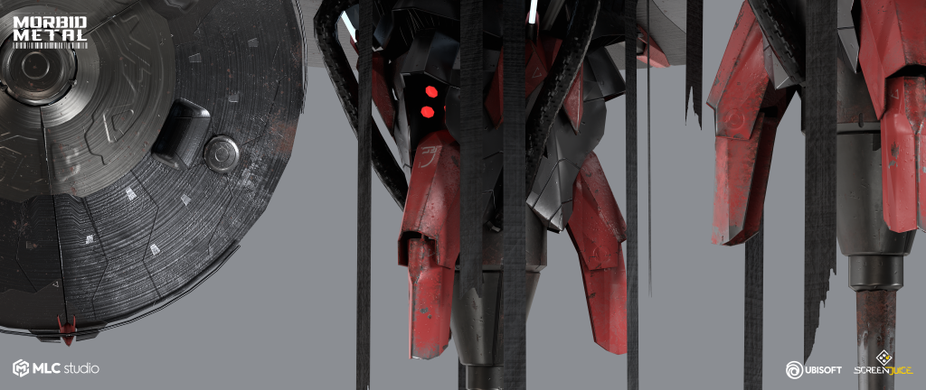 High-detail rocket-powered robot with worn red and black metal armor, exposed mechanical joints, and glowing red eyes, standing behind black bars in a futuristic setting.