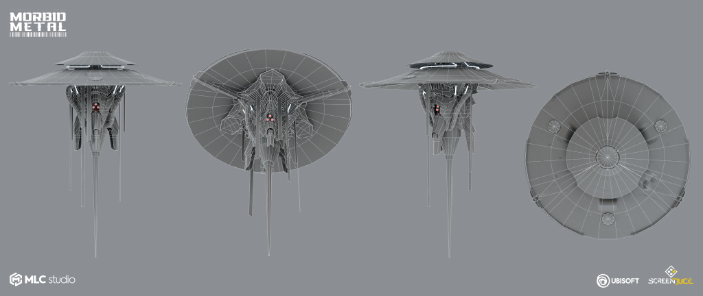 A detailed 3D wireframe model of a sci-fi drone with bio-mechanical elements, presented from multiple angles on a grey background, showcasing intricate design and geometry.
