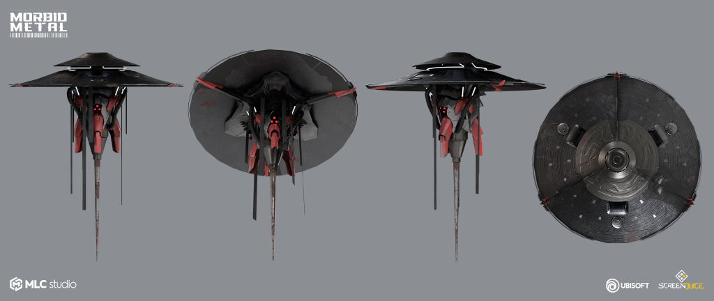 A highly detailed 3D model of a sci-fi alien drone with sleek black and red metallic surfaces, viewed from multiple angles on a grey background, featuring intricate textures and illuminated accents.