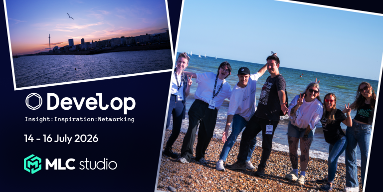 Group of people at the beach during Develop Brighton 2026 event, with the sea and sky in the background.