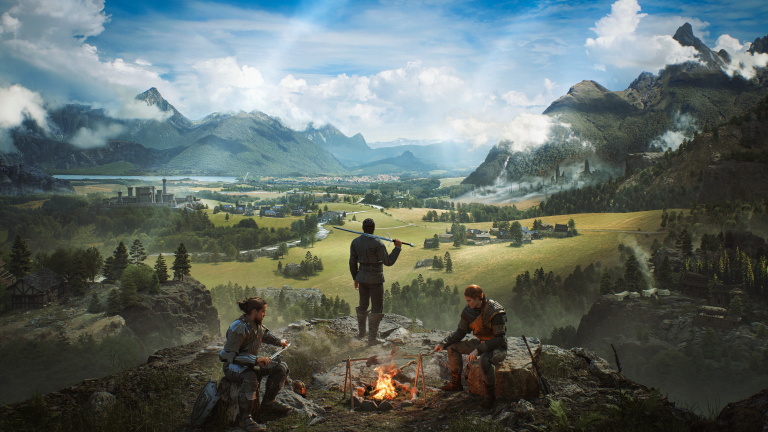 A person standing on a rock overlooking a vast mountain valley with two hikers sitting by a campfire in the foreground.