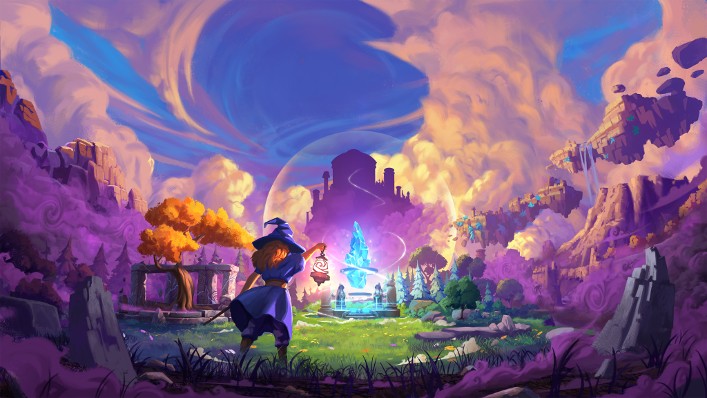 A mage casting a spell in a vibrant fantasy landscape with a glowing portal, mountains, and a swirling sky, concept art for game development.