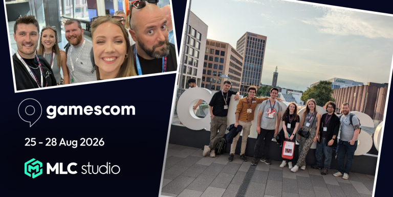 Group of people at Gamescom 2026 with MLC Studio logo and cityscape background.