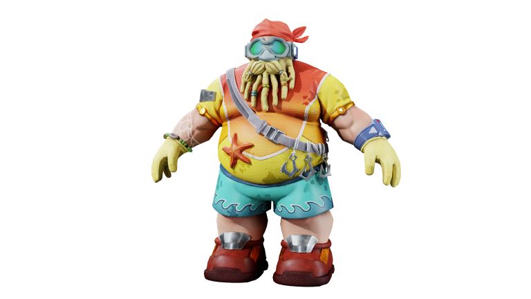 Colorful beach-themed character figure with sunglasses, snorkel, and summer attire, standing against a white background.