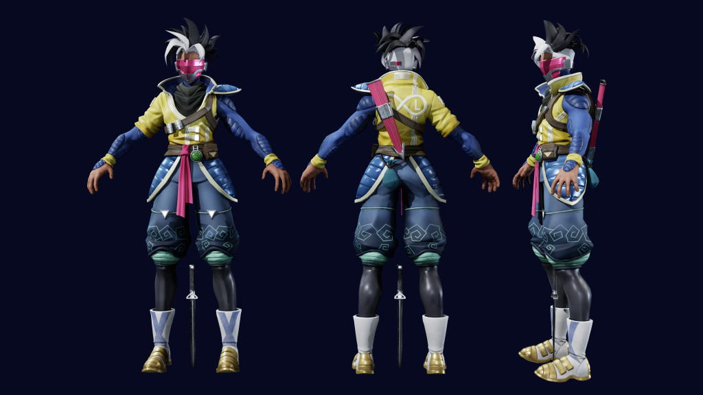 Anime-style character model with black hair, pink glasses, and colorful clothing for game art.