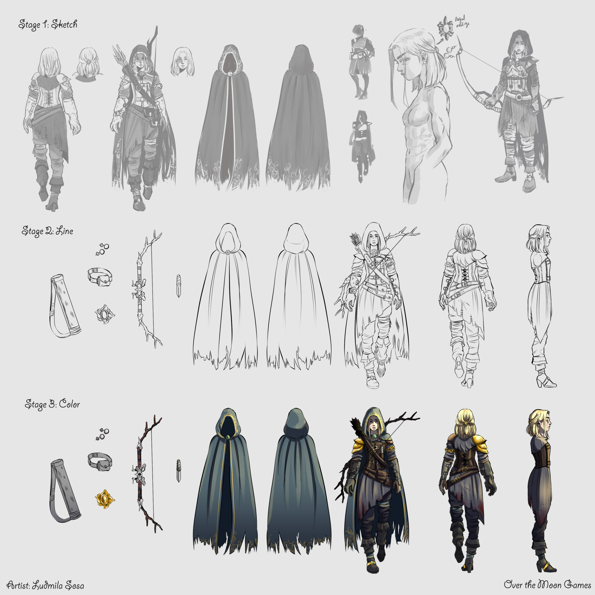 Character design concept art for a fantasy game, showing sketches, line art, and coloured versions of a hooded character with a bow and cloak.
