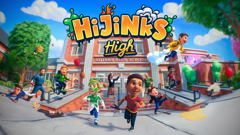 HiJinks High School game logo with children playing outside the school building.
