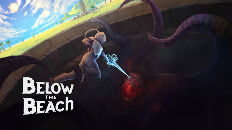 A character with a sword fighting a giant tentacle monster in a dark pit, with a bright sky and landscape in the background.