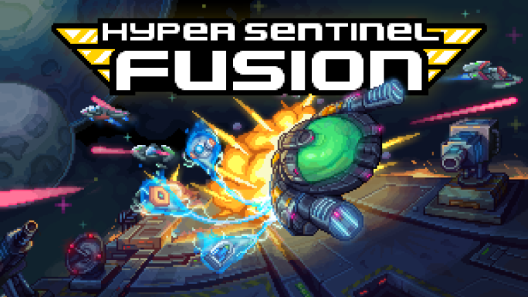 Hyper Sentinel Fusion logo with space battle scene featuring spaceships and laser fire.