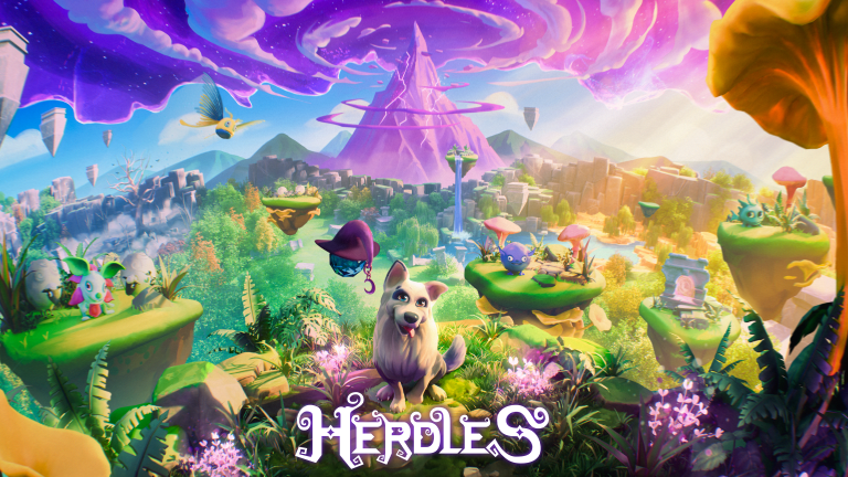 Vibrant fantasy landscape with floating islands, colorful mushrooms, and a cute dog character in the foreground, with a mystical mountain and glowing sky in the background.