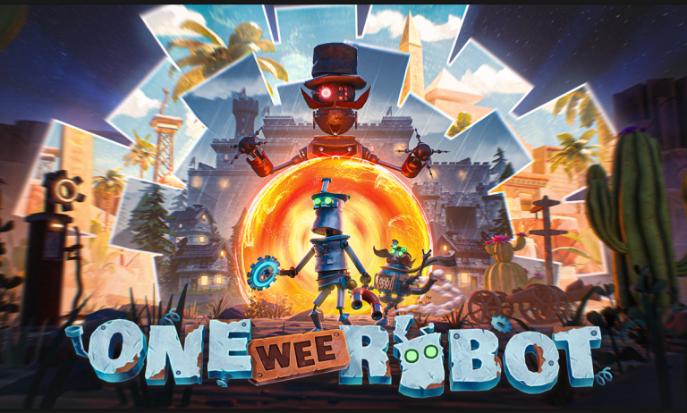 Artwork for One Wee Robot featuring robots and a fiery portal in a vibrant, animated style.
