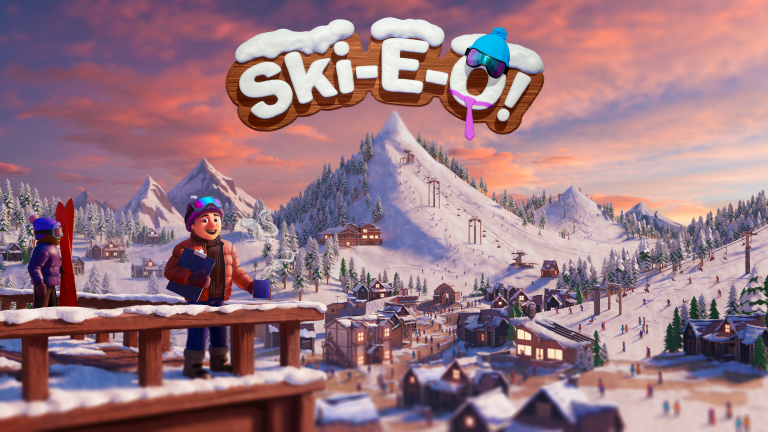 Ski-E-O! Ski Resort Tycoon logo with snowy mountain landscape and game characters.