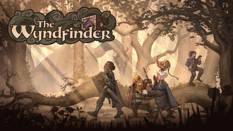 The Wyndfinder logo with a fantasy forest scene and four characters exploring.