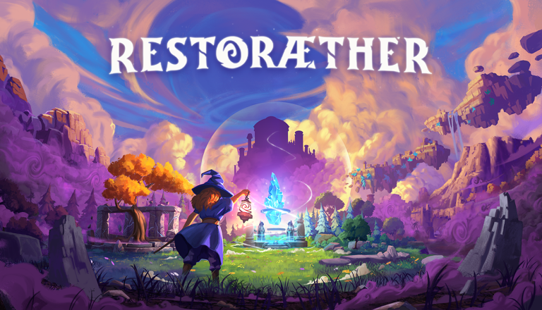 Restorer game artwork with a wizard casting a spell in a vibrant fantasy landscape.
