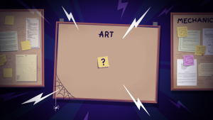 Art brainstorming board with a question mark sticky note, surrounded by lightning effects and notes, related to game art development.