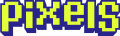 Pixelated video game logo with bright yellow text and a blue background, retro style, 8-bit design, digital art, gaming theme.
