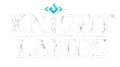 Knight lands game logo with medieval font and mystical blue emblem, black textured background, fantasy-themed, digital art style, promotional branding image.