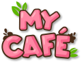 MY CAFE pink and brown text with green leaves, colourful game art logo, cute cartoon style, ideal for indie game branding and promotional content.
