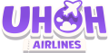 UHA Airlines logo with purple text, an airplane icon, and a cloud design, representing a creative and friendly airline brand. Suitable for marketing content in the travel and aviation industry.