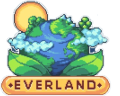 Earth with lush green trees, blue rivers, and a shining sun in a pixel art style, symbolising nature and fantasy landscapes.