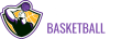 Dunking basketball player silhouette with team logo and web design elements, purple background.