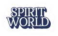 Vibrant pink graffiti-style circle surrounding the "SPIRIT WORLD" logo in bold, stylised navy blue text with a black background, conveying a dynamic and energetic aesthetic.